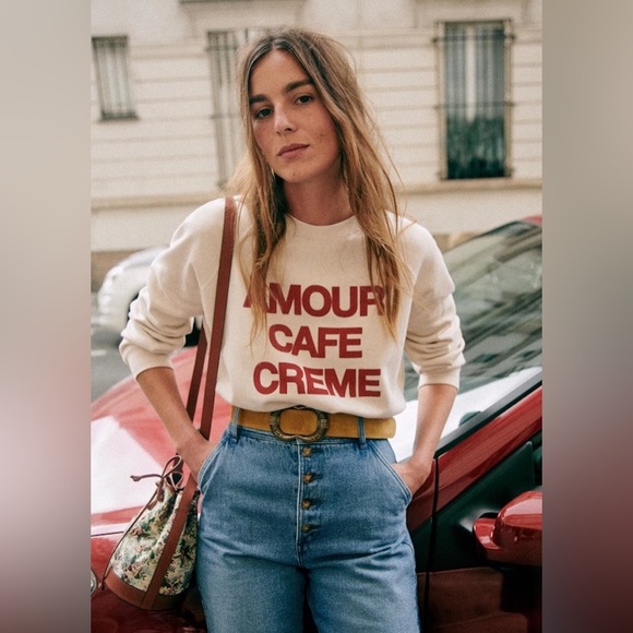 Sézane AMOUR CAFÉ CRÈME Sweatshirt in Ecru/Red - Picture 2 of 16